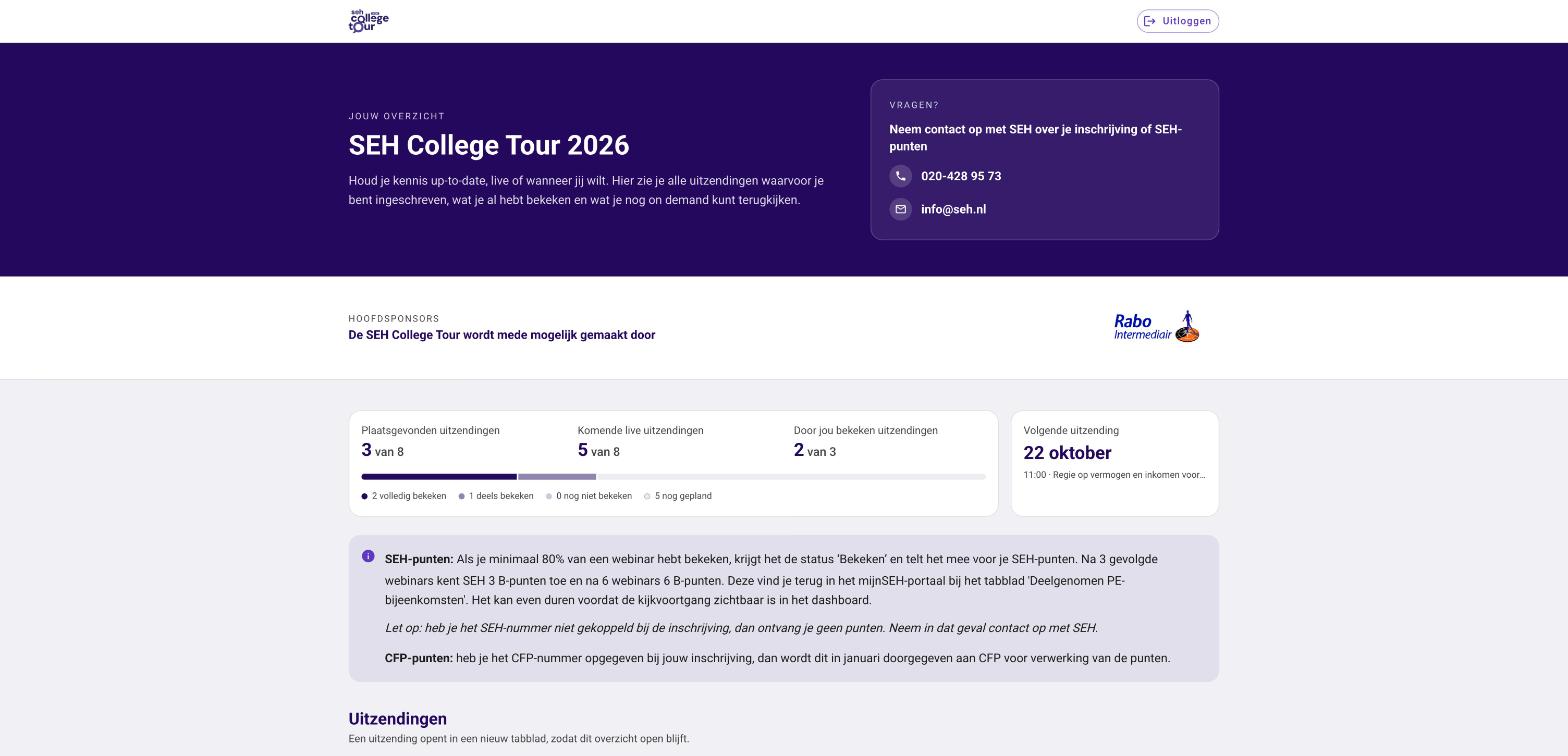Dashboard van het PE Portal voor de SEH College Tour 2026 met voortgangsoverzicht, volgende uitzending en uitleg over SEH-punten